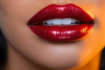 Close-up of beautiful lips with red lipstick