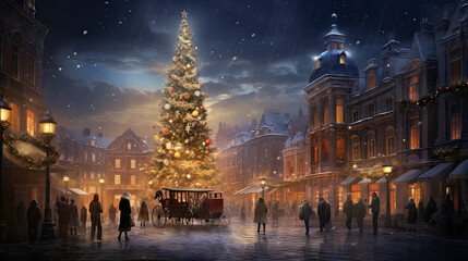 Fototapeta na wymiar christmas tree in a town scene with many people