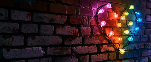 Heart shape made from many colors of light bulbs glowing in the dark on brick texture 