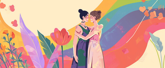 LGBTQ+ couple showing their love to each other on abstract vibrant color background 