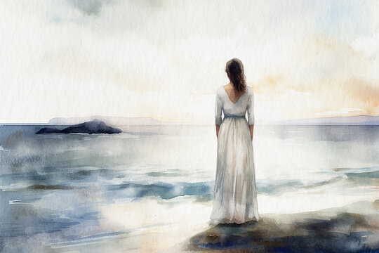 Girl in white long dress looking out to sea, back view, painting painted in watercolor on textured paper. Digital watercolor painting
