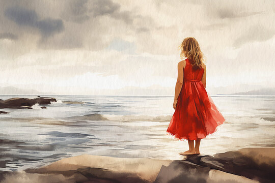 Girl in red dress looking out to sea, back view, painting painted in watercolor on textured paper. Digital watercolor painting