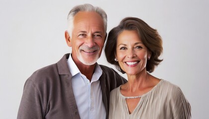 Joyful Elderly Couple Smiling for the Camera Against a White Background. Generative AI