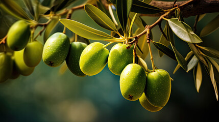 Green olives on a branch of an olive tree - obrazy, fototapety, plakaty