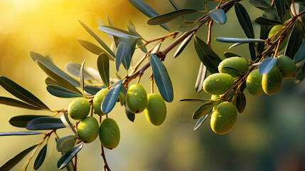 Green olives on a branch of an olive tree - obrazy, fototapety, plakaty
