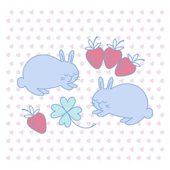 Couple funny bunnies. In doodle style. Strawberries and lucky clover leaf on a background of pink hearts. Clip art for Valentine's Day