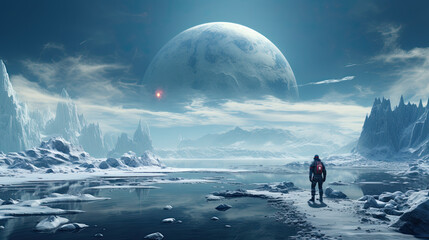 scene of an astronaut standing on an unknown icy planet with a breathtaking landscape.