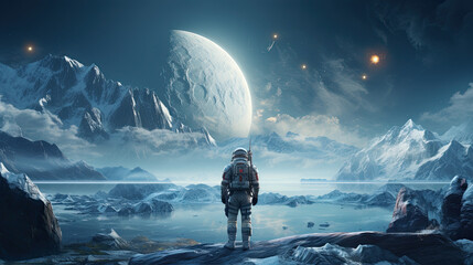 scene of an astronaut standing on an unknown icy planet with a breathtaking landscape.
