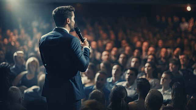 Motivational Speaker Standing in front of to many people in audience, event professional