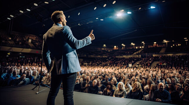 Motivational Speaker Standing in front of to many people in audience, event professional