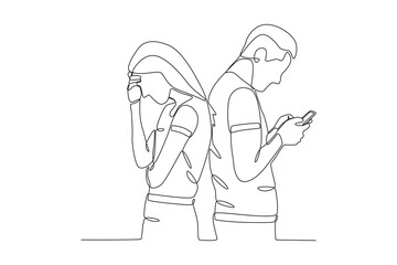 A man playing cellphone ignores his girlfriend. Mobile phone addiction one-line drawing - obrazy, fototapety, plakaty