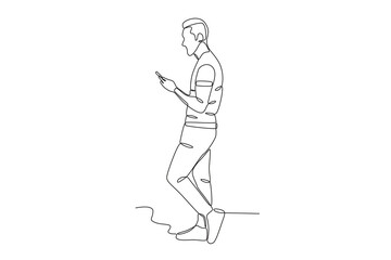 Fototapeta na wymiar A man addicted to the internet. Mobile phone addiction one-line drawing