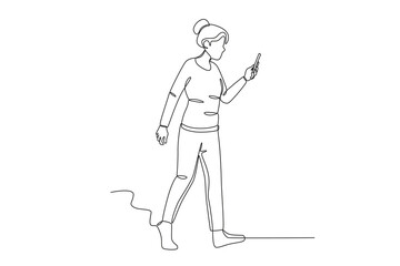 A woman playing social media while walking. Mobile phone addiction one-line drawing