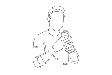 A man addicted to technology. Mobile phone addiction one-line drawing