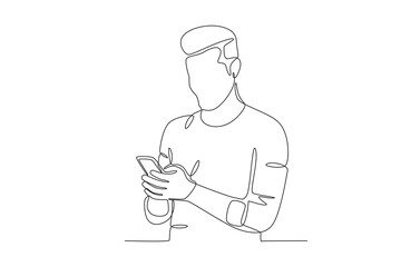 A man uses a cellphone. Mobile phone addiction one-line drawing