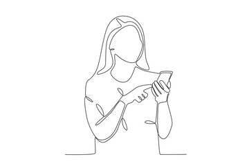 A young woman playing cellphone. Mobile phone addiction one-line drawing