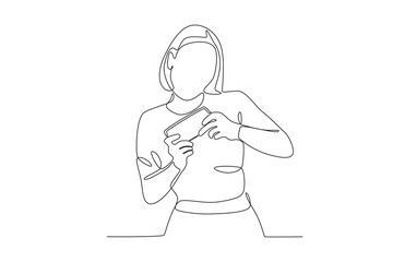 A woman playing online games happily. Mobile phone addiction one-line drawing