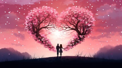 Obraz na płótnie Canvas illustration of a loving couple under a heart-shaped pink flower tree and moonlight. Generative AI