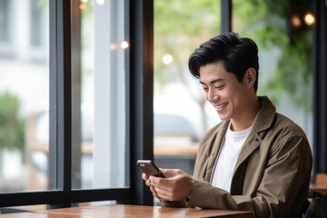 smiling asian man using smartphone at cafe table