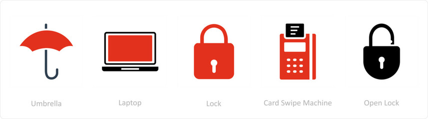 A set of 5 Business icons as umbrella, laptop, lock