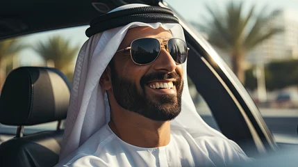 Photo sur Plexiglas Abu Dhabi Happy Emirati Arab at office wearing Kandura
