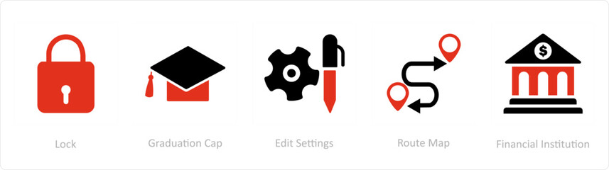 A set of 5 Business icons as lock, graduation cap, edit settings
