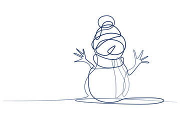Stylized snowman in a scarf and hat. Symbol of winter. Snowman waves his hand, contour drawing