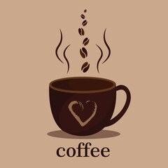 Cup of hot coffee with coffee beans.Pastel background.