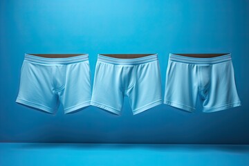 Three men's underpants levitating on a blue background.