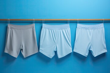 A set of three men's underpants on a blue background.