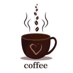 Cup of hot coffee with coffee beans.White background.Text Coffee