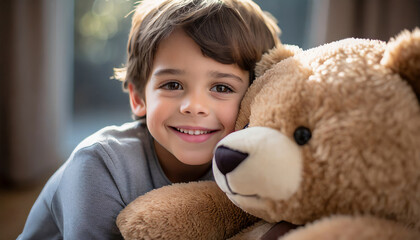 Cheerful Child Embracing Teddy Bear in Happy Portrait