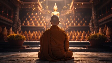 Rear view of a monk meditating in the lotus position in front of golden Buddhas