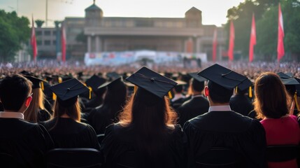 Obraz premium Rear view of the graduates in the graduation commencement ceremony