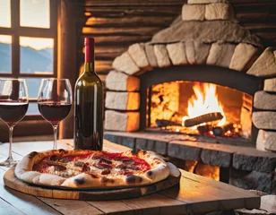 Foto op Plexiglas Warm and Delicious: Enjoying a Cozy Pizza Dinner by the Fireplace © SashaMagic