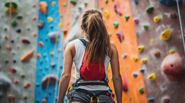 Rear view woman on a rock climbing wall  