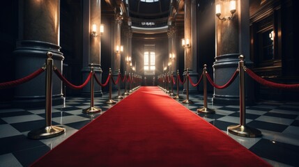 Red carpet hallway with barriers and red ropes - obrazy, fototapety, plakaty