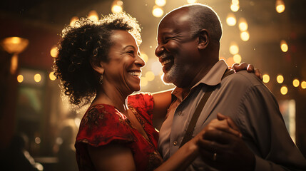 Authentic moment of an African American retired couple sharing a dance in the kitchen, an embodiment of enduring love and romance. All the details should be well thought out. 