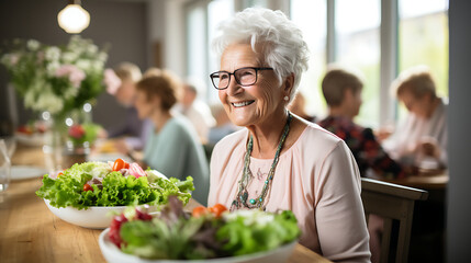 Senior woman in a retirement home, happz and enjoying a healthy lunch, showcasing a lifestyle of well-being and contentment. - obrazy, fototapety, plakaty