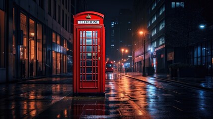 Red phone booth on the street - obrazy, fototapety, plakaty