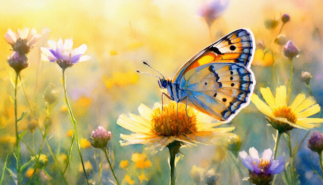 Bright Yellow Butterfly Soaring Above Daisy Meadow