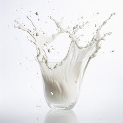 Splash effect of high-speed shooting of milk in spilled glass on a plain white background