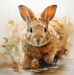 Brown rabbit with big ears. In nature and meadow. Under the sunlight. Watercolor.