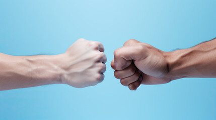 Fist bump. Isolated on blue background