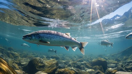 Fototapeta premium Salmon are swimming upstream in the clear river