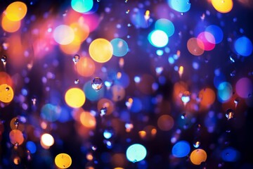 Multicolor bokeh, raining light, blurry lights, blurry background, rainbow confetti's on a black background, colorful, night lights, city lights, haze, depth of field, round bokeh, circle bokeh