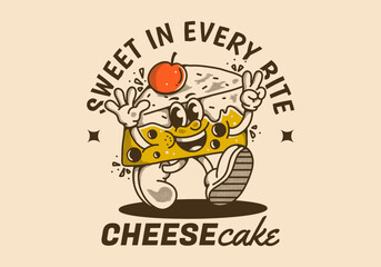 Cheesecake, sweet in every bite. Mascot character illustration of walking cheesecake