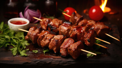 Sizzling shish kebabs juicy meat cubes, grilled to perfection, a delectable barbecue treat - obrazy, fototapety, plakaty