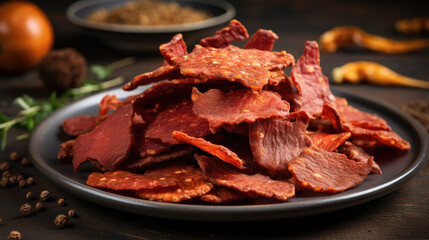 Tasty beef jerky seasoned and dried meat, a portable protein snack, perfect for quick energy. - obrazy, fototapety, plakaty