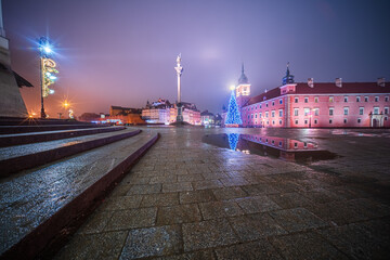 Warsaw, Poland December 9, 2023 Architecture of the city of Warsaw under the cover of night